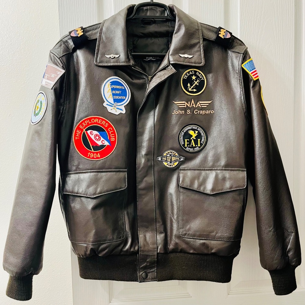 Burks Bay Mens Large Dark Brown Leather Bomber Jacket Patches USA Flight Aviator